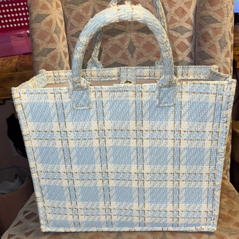 Do Everything in Love Blue and Cream Plaid Tote - Picture 3 of 11